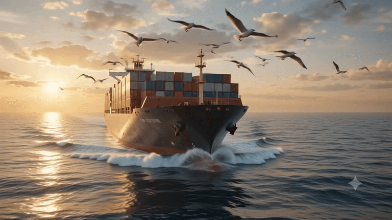 Animated cargo container ship cruising on the ocean